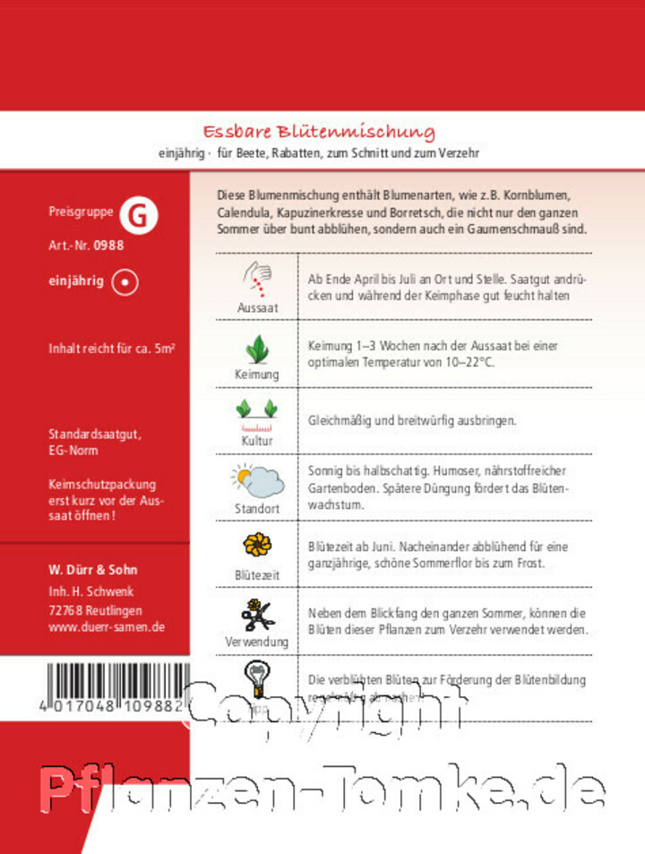 Essbare Blütenmischung, Spezielle Mischung aus Blumen, Kräutern und Gemüsepflanzen mit essbaren Blüten, Samen Dürr, Sameninfo,Essbare Blütenmischung, Spezielle Mischung aus Blumen, Kräutern